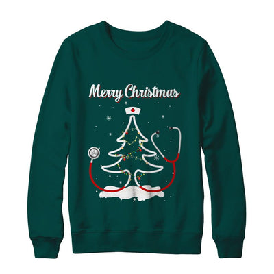 Merry Christmas Stethoscope Nurse Christmas Tree Xmas-T-Shirt & Sweatshirt-Crewneck Sweatshirt-Deep Forest