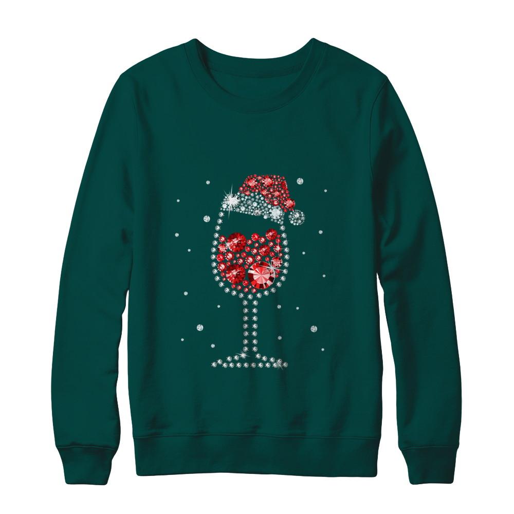 Diamond Wine Glasses Santa Hat Christmas-T-Shirt & Sweatshirt-Crewneck Sweatshirt-Deep Forest