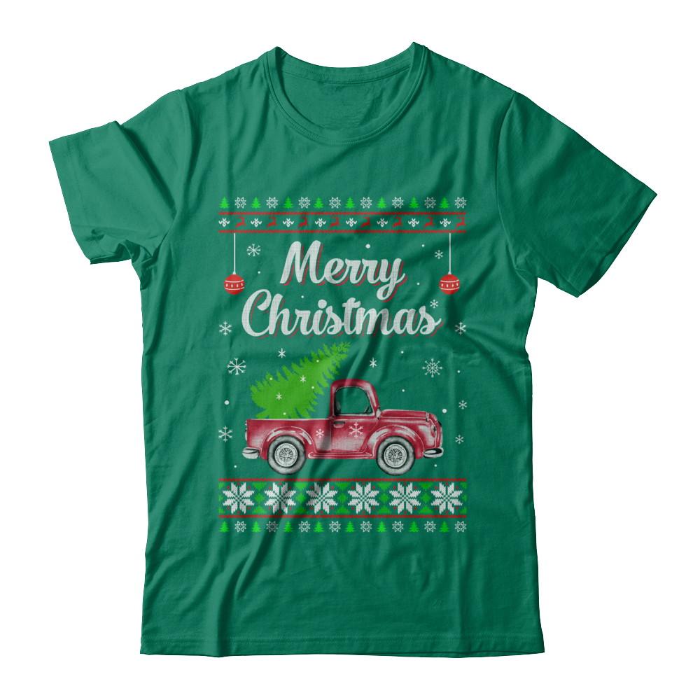 Snow Tree Truck Merry Christmas Ugly Sweater-T-Shirt & Sweatshirt-Classic T-Shirt-Kelly Green