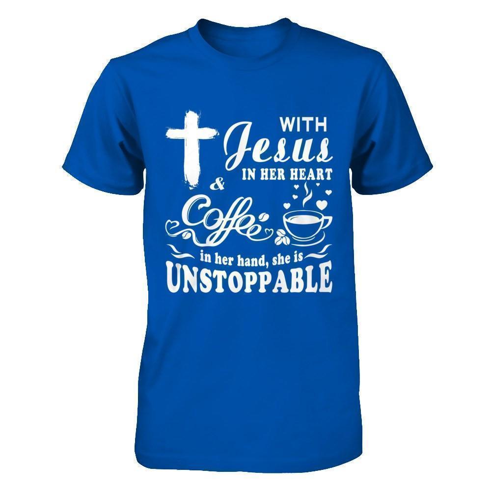 With Jesus In Her Heart And Coffee In Her Hand-T-Shirt & Hoodie-Premium T-Shirt-Royal