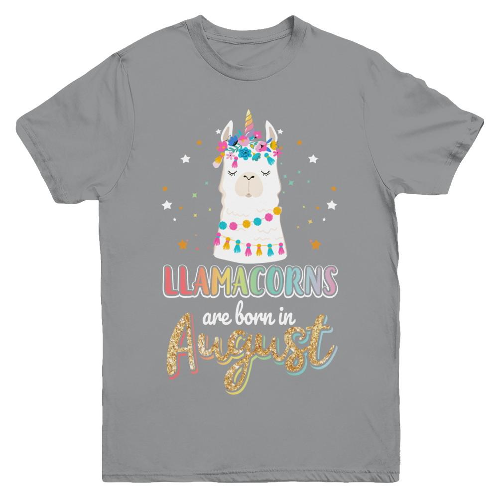 Llama Unicorn Llamacorns Born In August Birthday Gift Youth-Youth Shirt-Youth T-Shirt-Sport Grey