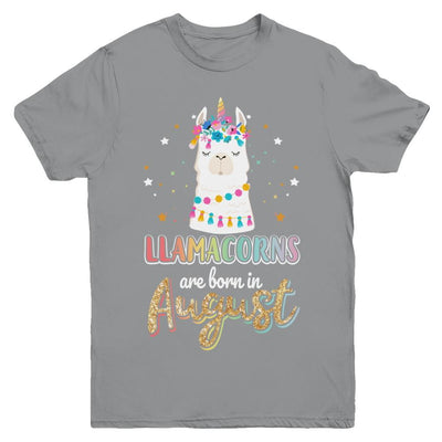 Llama Unicorn Llamacorns Born In August Birthday Gift Youth-Youth Shirt-Youth T-Shirt-Sport Grey