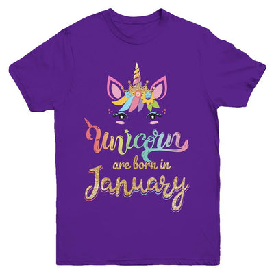 Cute Unicorns Are Born In January Birthday Gift Youth-Youth Shirt-Youth T-Shirt-Purple