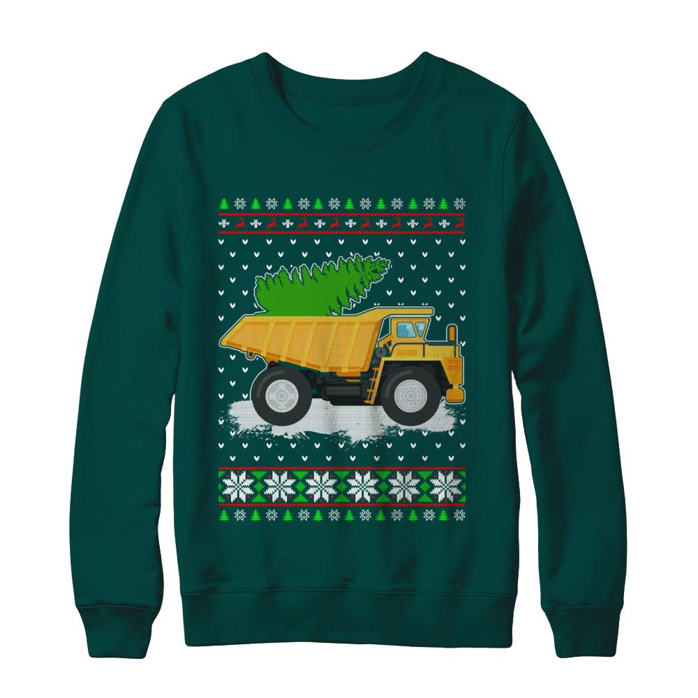 Yellow Dump Truck Trucker Ugly Christmas Sweater-T-Shirt & Sweatshirt-Crewneck Sweatshirt-Deep Forest