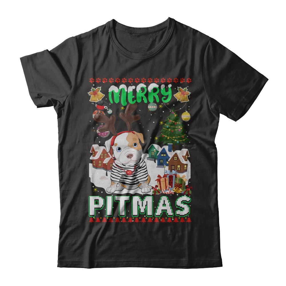 Cute Pitbull Christmas Merry Pigmas Ugly Sweater Christmas-T-Shirt & Sweatshirt-Premium T-Shirt-Black