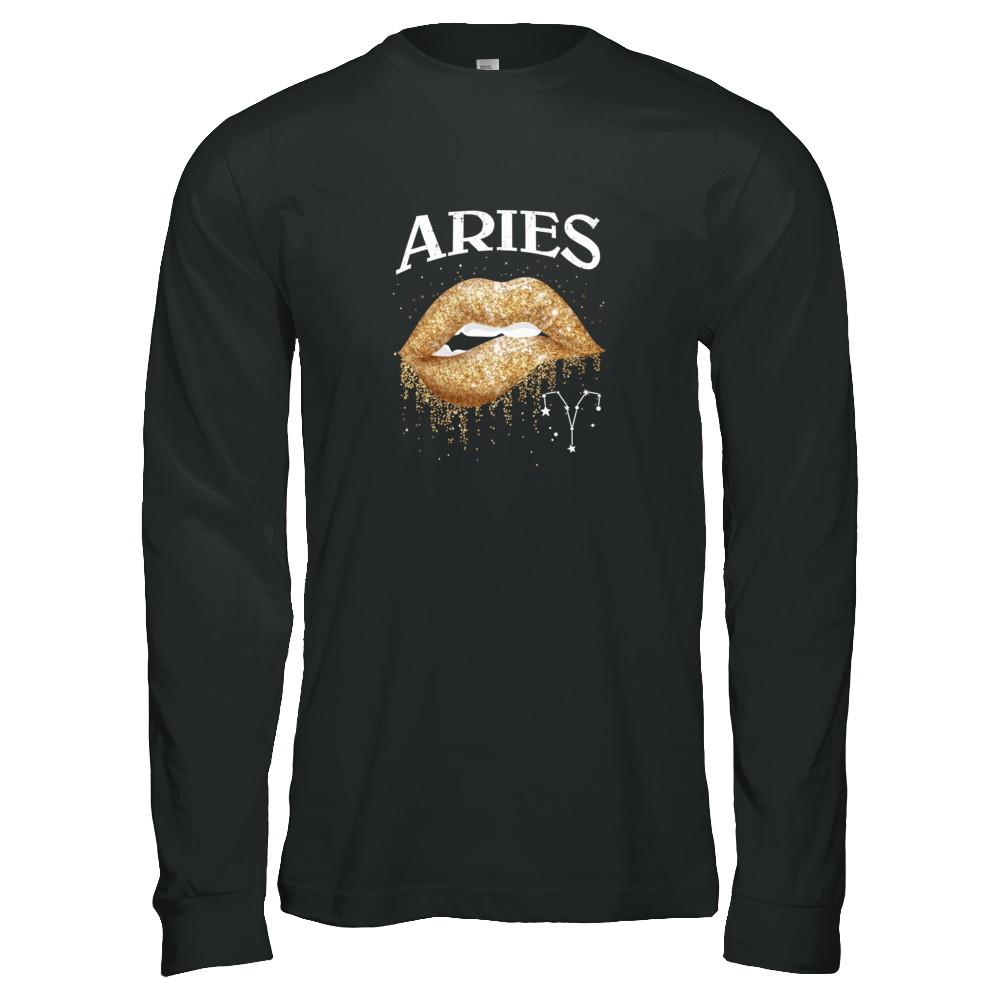 Aries Zodiac March April Birthday Gift Golden Lipstick-T-Shirt & Tank Top-Long Sleeve T-Shirt-Black