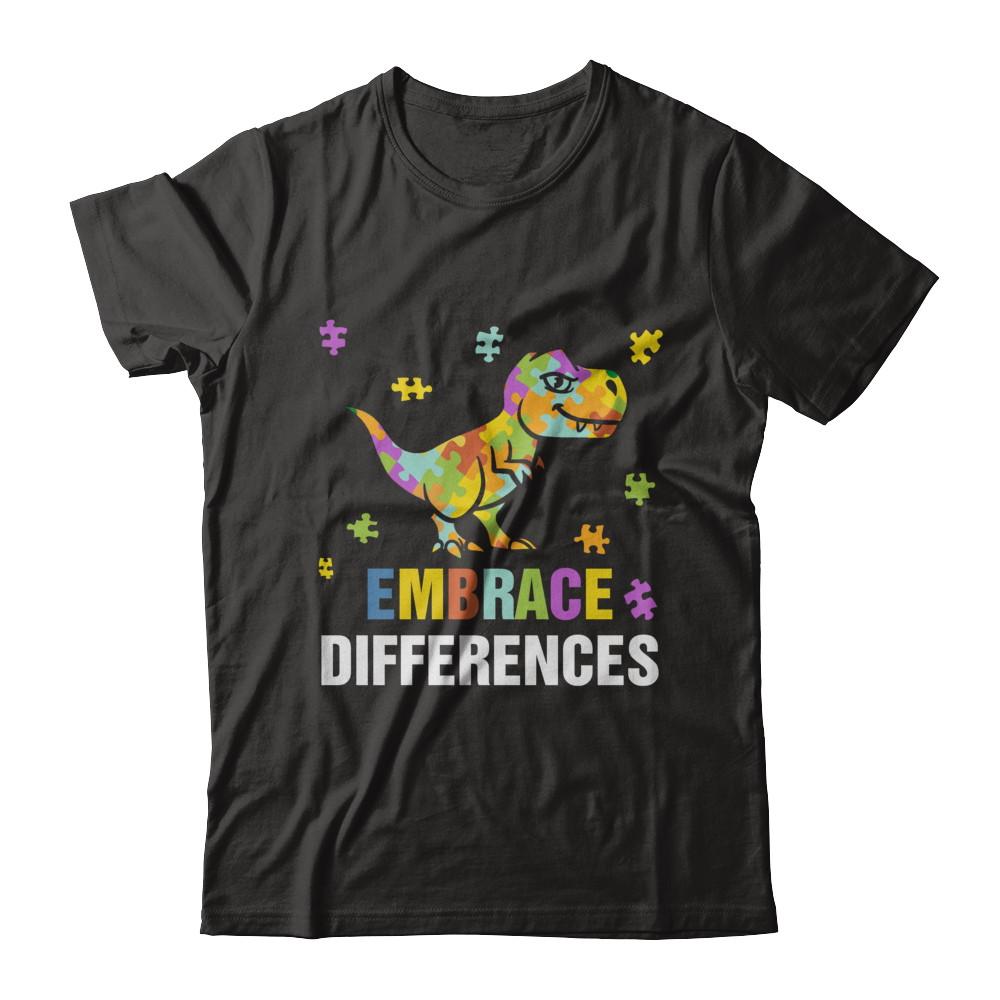 Autism Awareness Puzzle Piece Dinosaur Embrace Differences-T-Shirt & Hoodie-