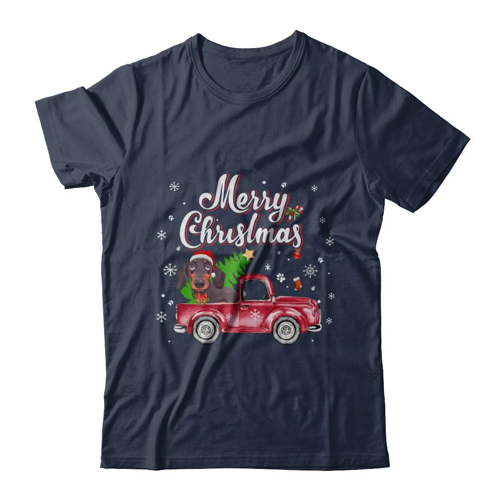 Dachshund Retriever Rides Red Truck Christmas Pajama-T-Shirt & Sweatshirt-Classic T-Shirt-Navy