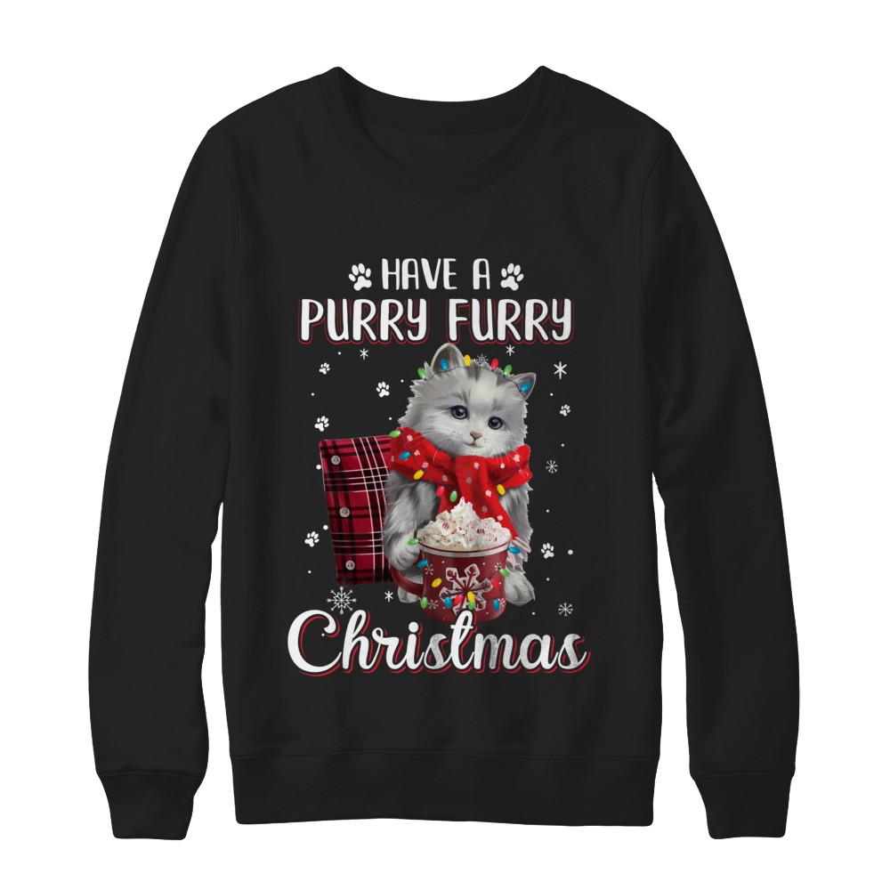 Have A Purry Furry Christmas Funny Holiday Xmas Cat-T-Shirt & Sweatshirt-Crewneck Sweatshirt-Black
