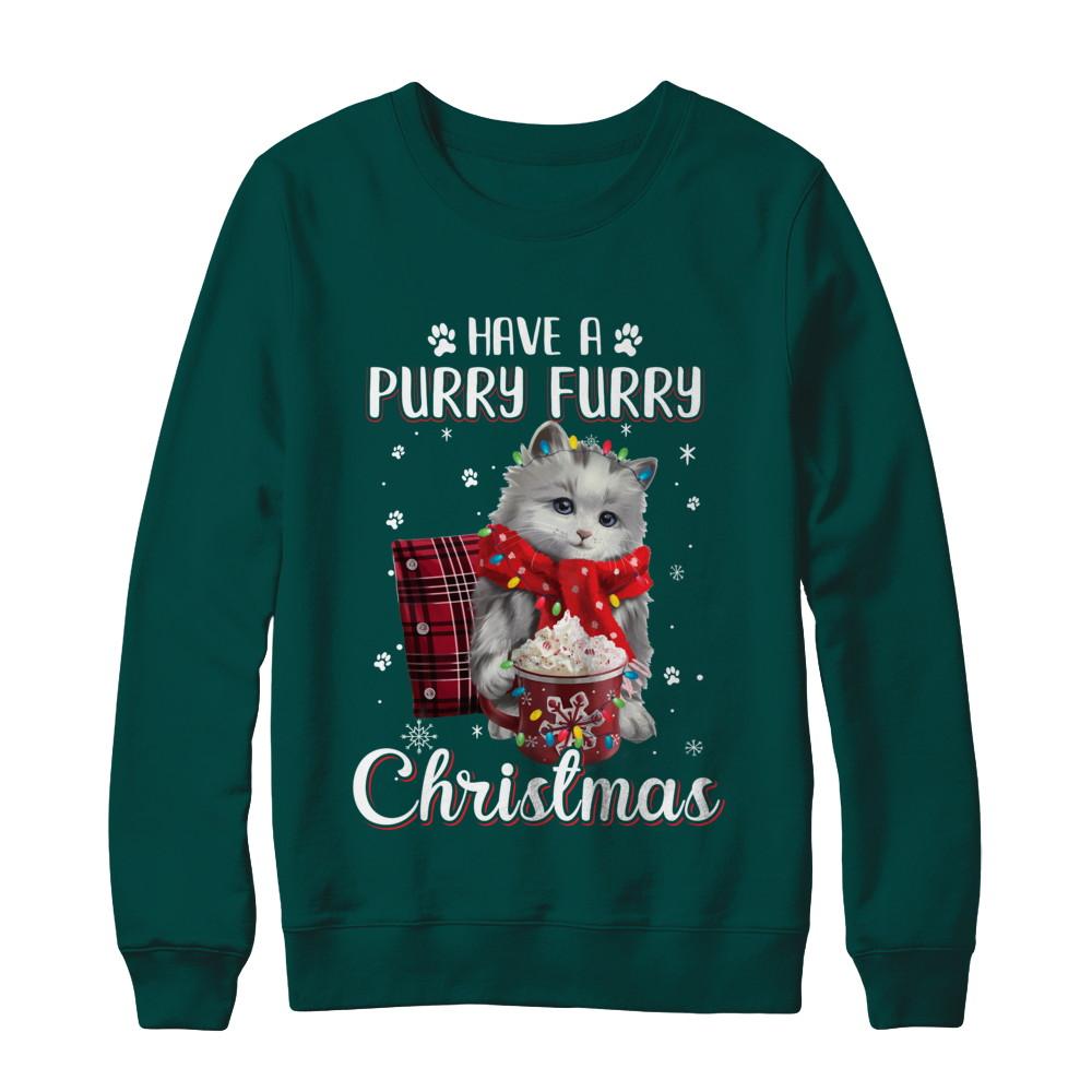 Have A Purry Furry Christmas Funny Holiday Xmas Cat-T-Shirt & Sweatshirt-Crewneck Sweatshirt-Deep Forest