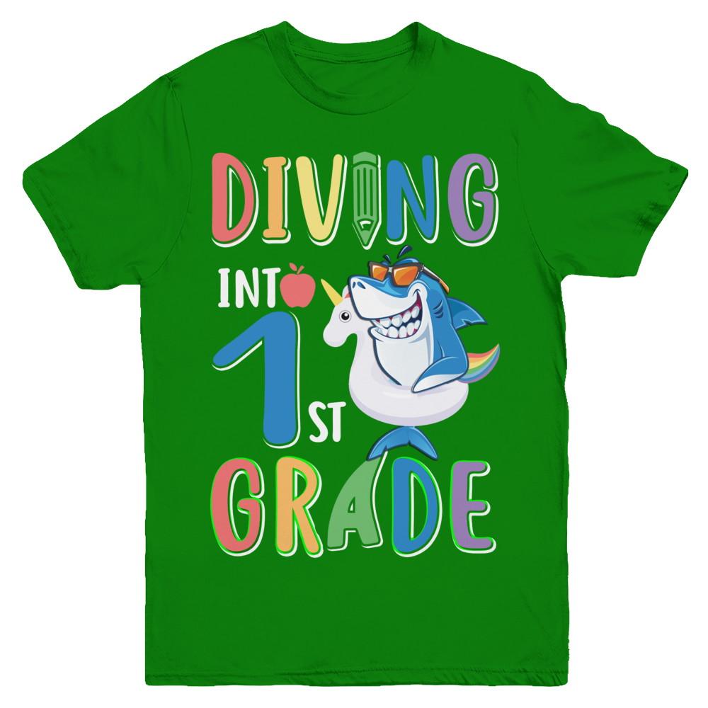 Diving Into 1st Grade Back To School Shark Youth-Youth Shirt-Youth T-Shirt-Irish Green