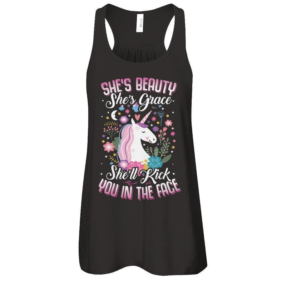 She's Beauty She's Grace She'll Kick You In The Face Unicorn Lover-T-Shirt & Tank Top-Women's Flowy Racerback Tank-Black
