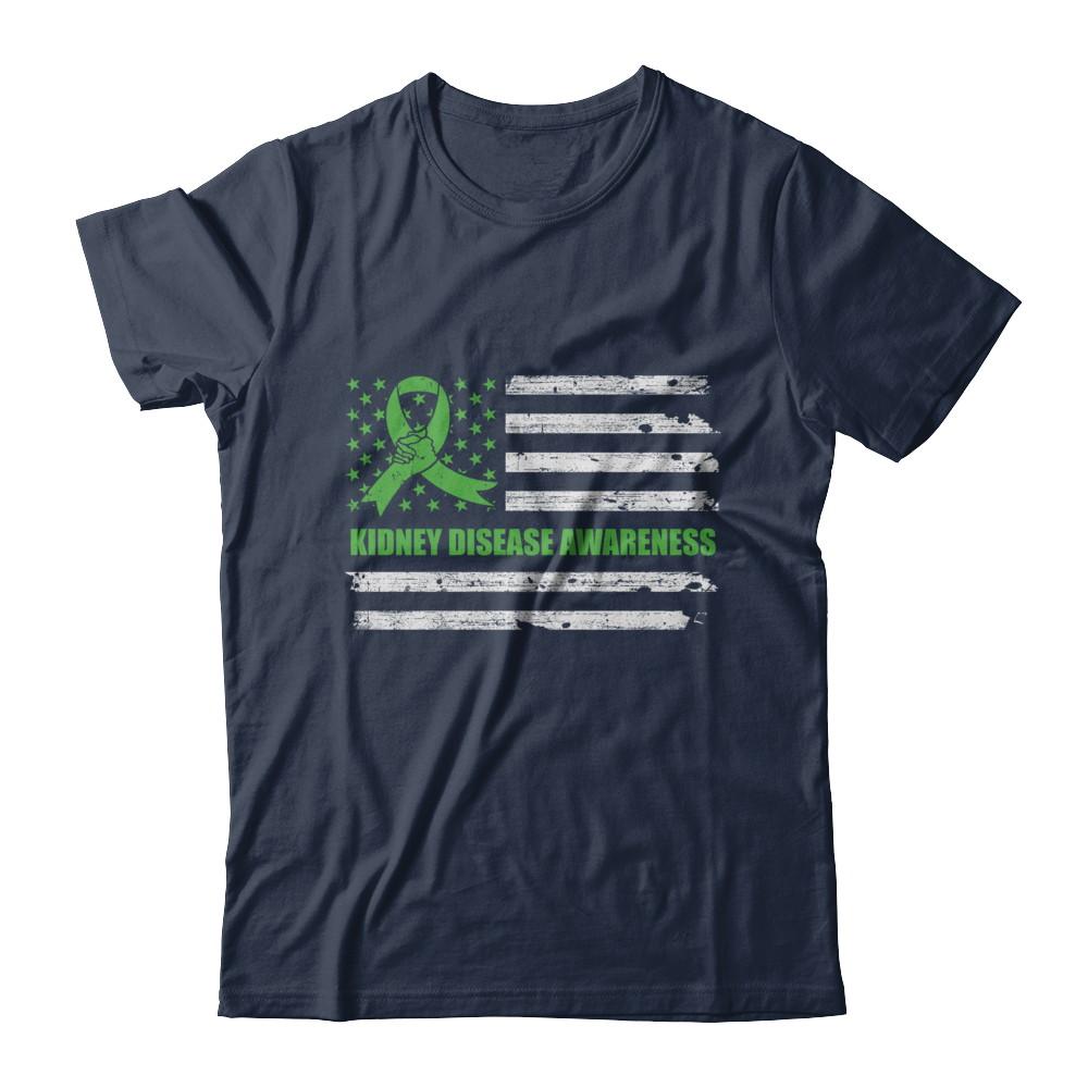 Green Ribbon Kidney Disease Awareness US Flag-T-Shirt & Hoodie-Classic T-Shirt-Navy
