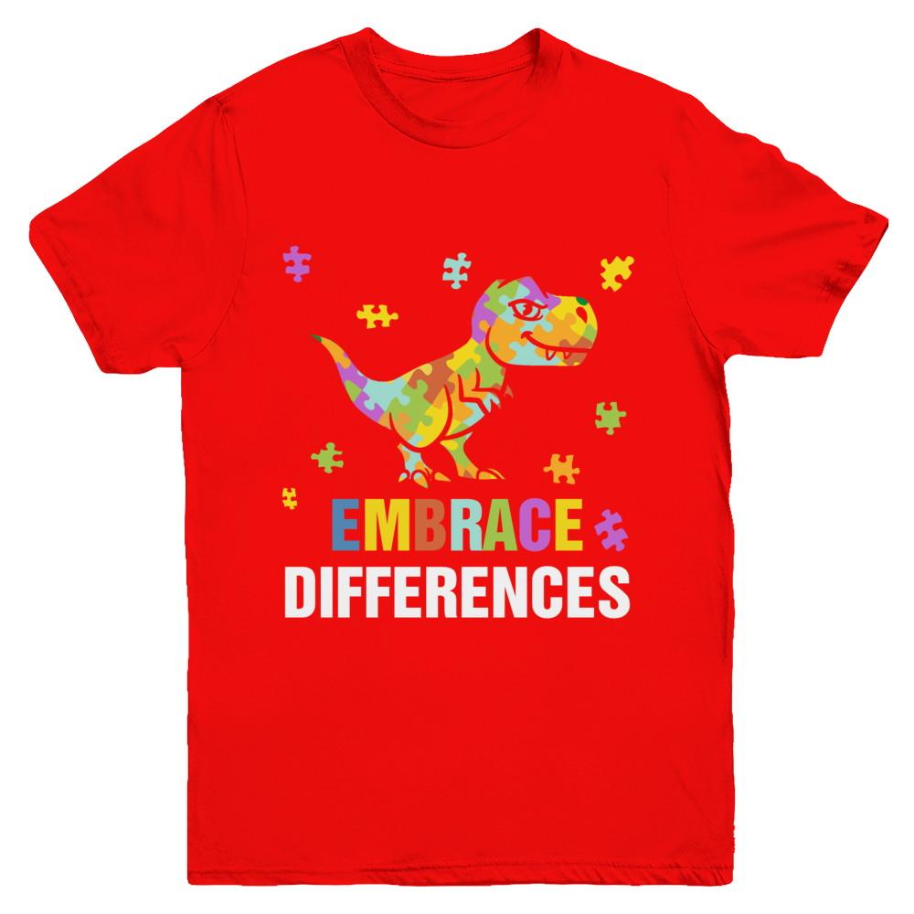 Autism Awareness Puzzle Piece Dinosaur Embrace Differences Youth-Youth Shirt-