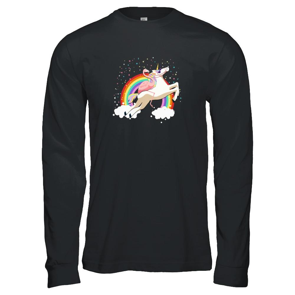 Flamingo Pink Bird Riding Unicorn-T-Shirt & Tank Top-Long Sleeve T-Shirt-Black