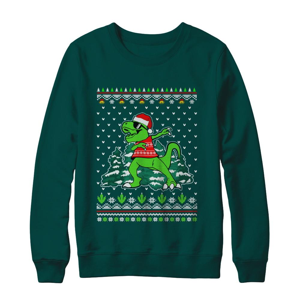 Funny Dab Dabbing Dinosaur Ugly Christmas Sweater Xmas-T-Shirt & Sweatshirt-Crewneck Sweatshirt-Deep Forest