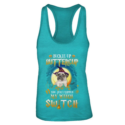 Buckle Up Buttercup Halloween Witch Pug Costume-T-Shirt & Tank Top-Women's Ideal Racerback Tank-Tahiti Blue