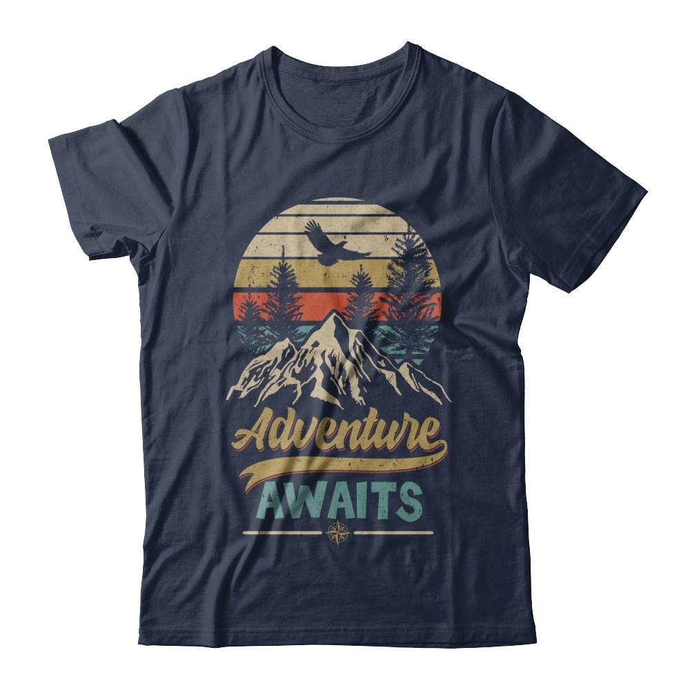 Vintage Adventure Awaits Camping Camper Outdoor Travel-T-Shirt & Hoodie-Classic T-Shirt-Navy