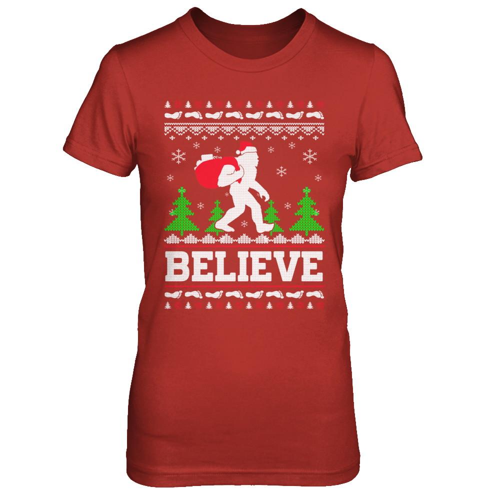 Christmas Believe Bigfoot Ugly Xmas Sweater-T-Shirt & Sweatshirt-Women's T-Shirt-Red