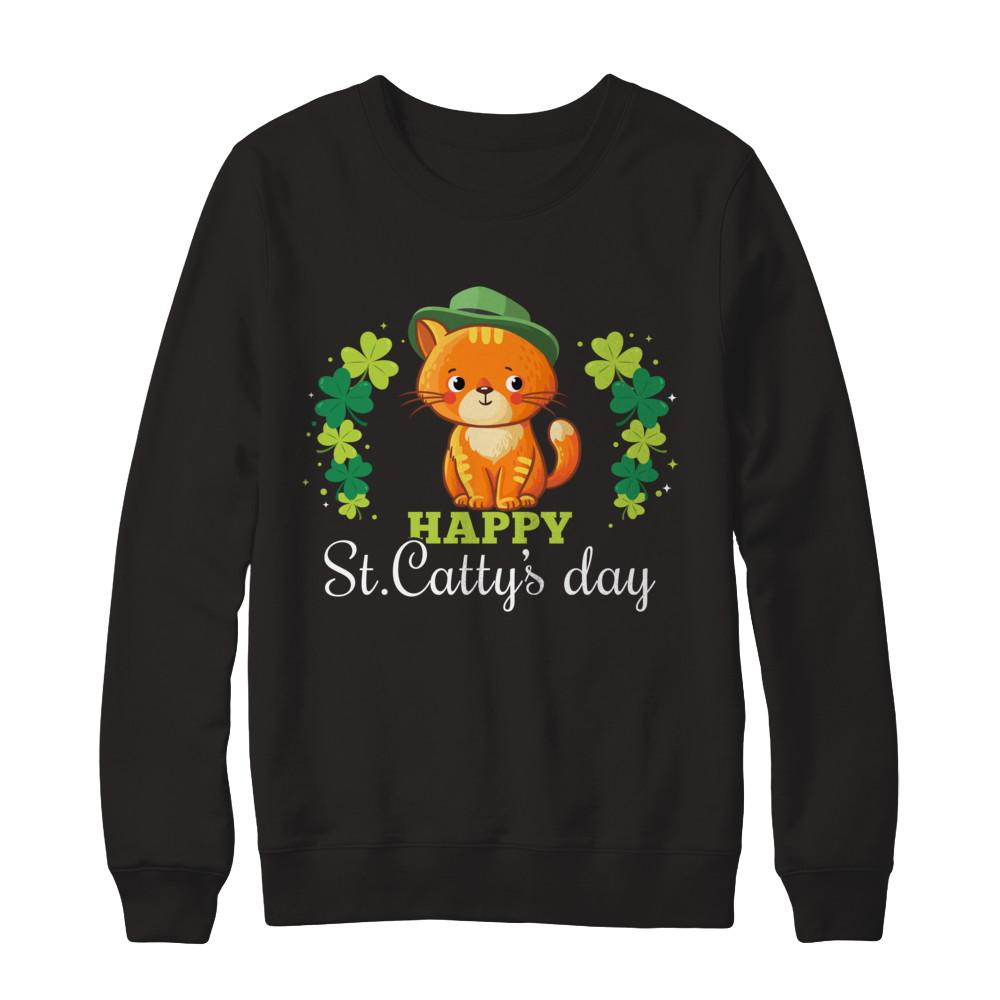 Happy St Catty's St. Patrick's Day Lucky Cat Gift-T-Shirt & Hoodie-Crewneck Sweatshirt-Black