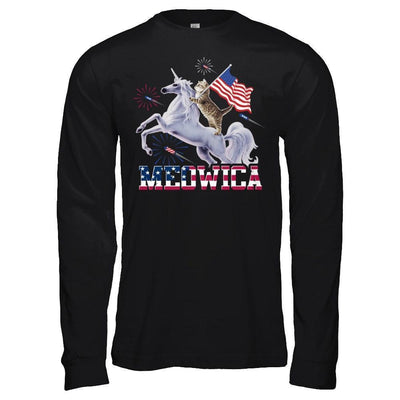 Meowica 4Th Of July Funny Cat On Unicorn Independence-T-Shirt & Hoodie-Long Sleeve T-Shirt-Black