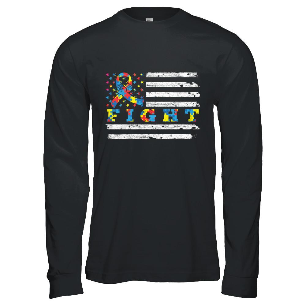 Fight Autism Ribbon US Flag Autism Awareness-T-Shirt & Hoodie-Long Sleeve T-Shirt-Black