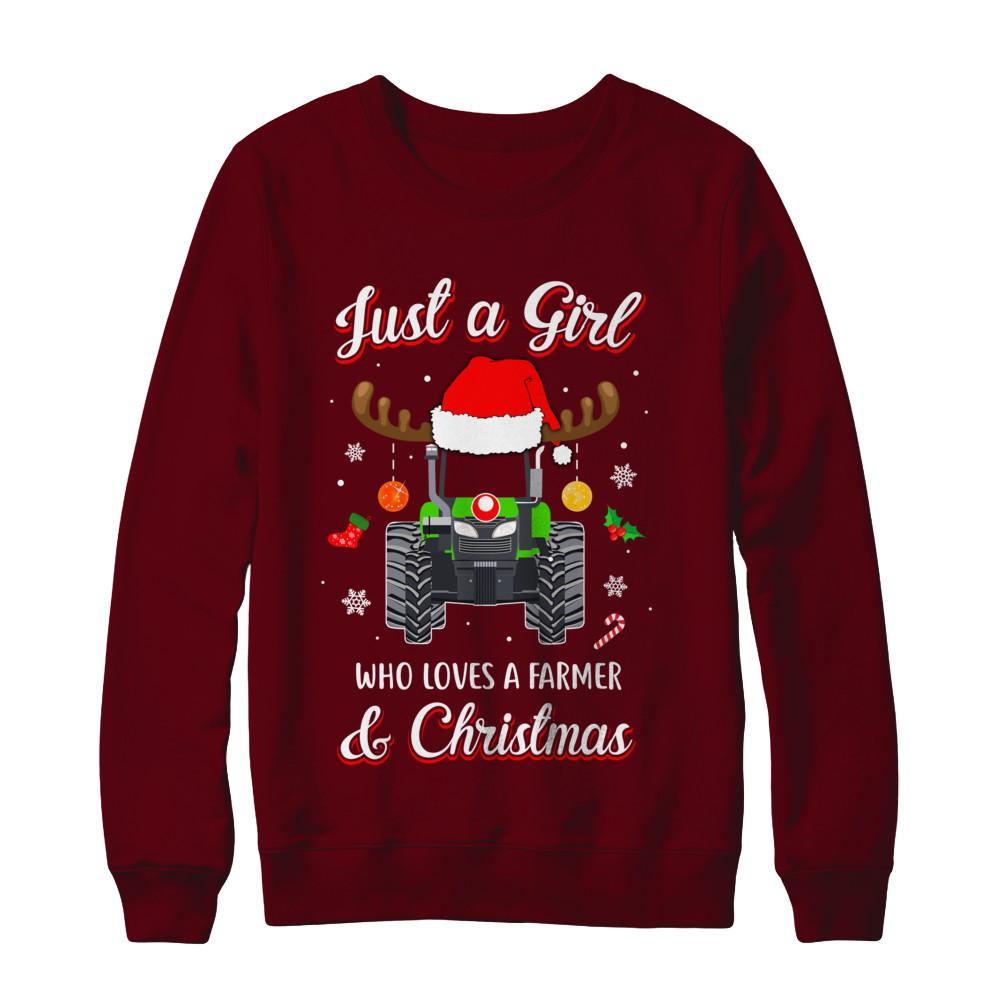 Just A Girl Who Loves A Farmer And Christmas-T-Shirt & Sweatshirt-Crewneck Sweatshirt-Maroon