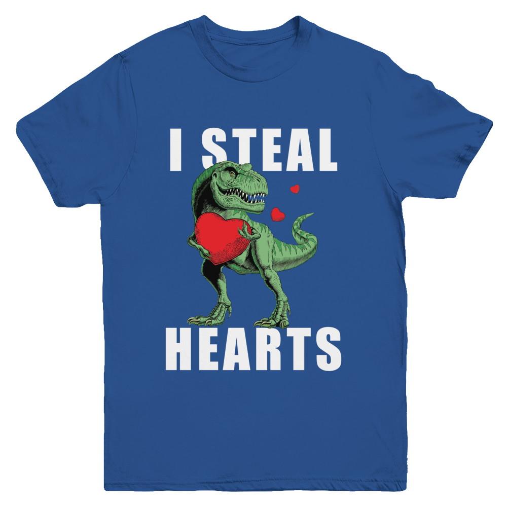 I Steal Hearts Funny Valentines Day Dinosaur T-Rex Boys Youth-Youth Shirt-Youth T-Shirt-Royal