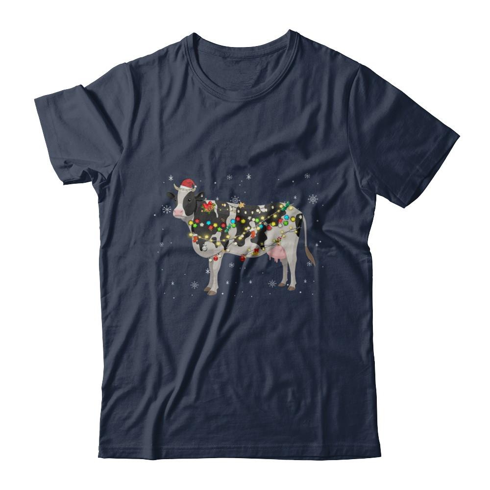 Vintage Cow Merry Christmas Light Led-T-Shirt & Hoodie-Classic T-Shirt-Navy