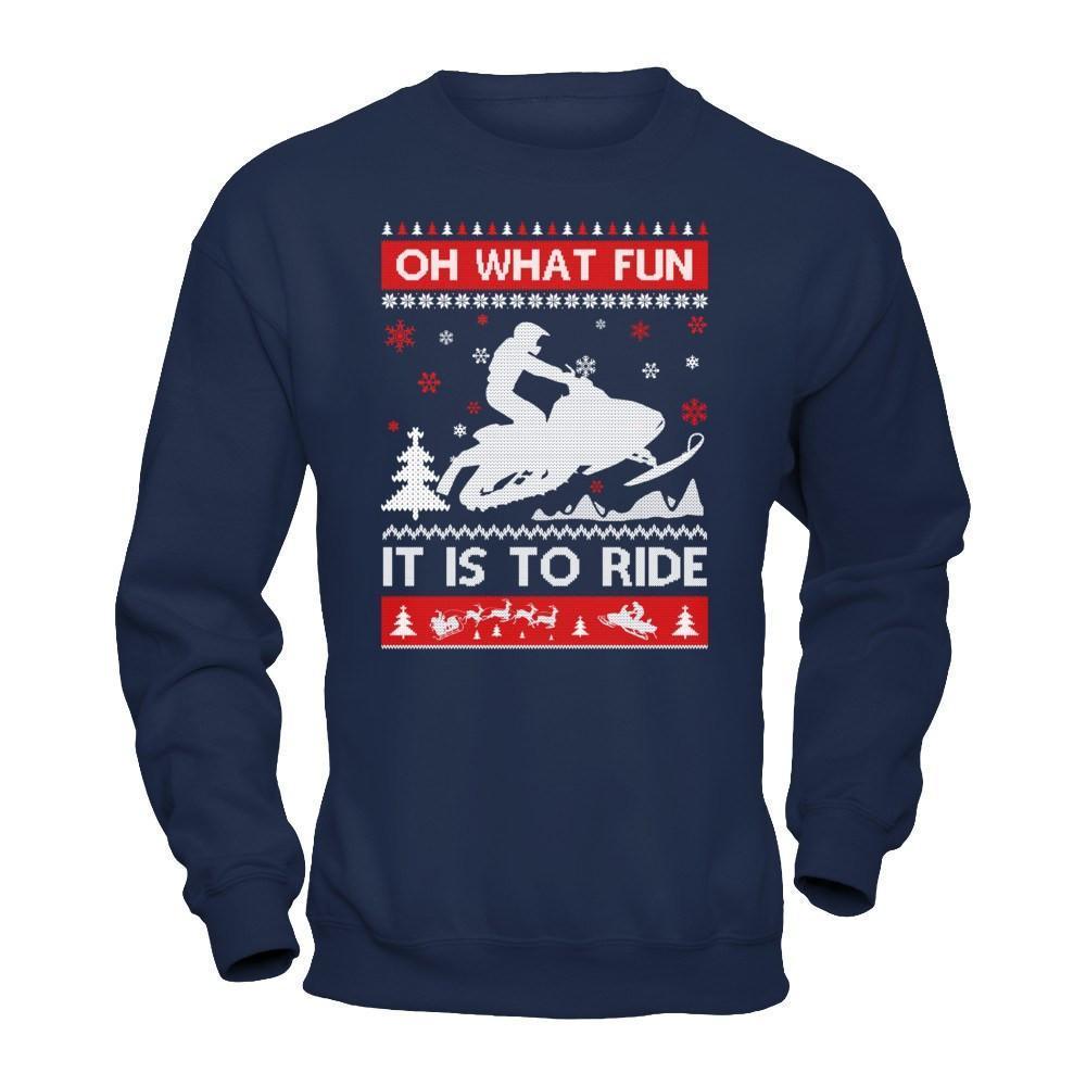 Snowmobile Sweater Christmas Oh What Fun It Is To Ride-T-Shirt & Hoodie-Crewneck Sweatshirt-Navy