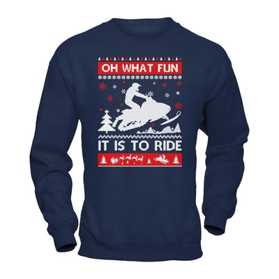 Snowmobile Sweater Christmas Oh What Fun It Is To Ride-T-Shirt & Hoodie-Crewneck Sweatshirt-Navy