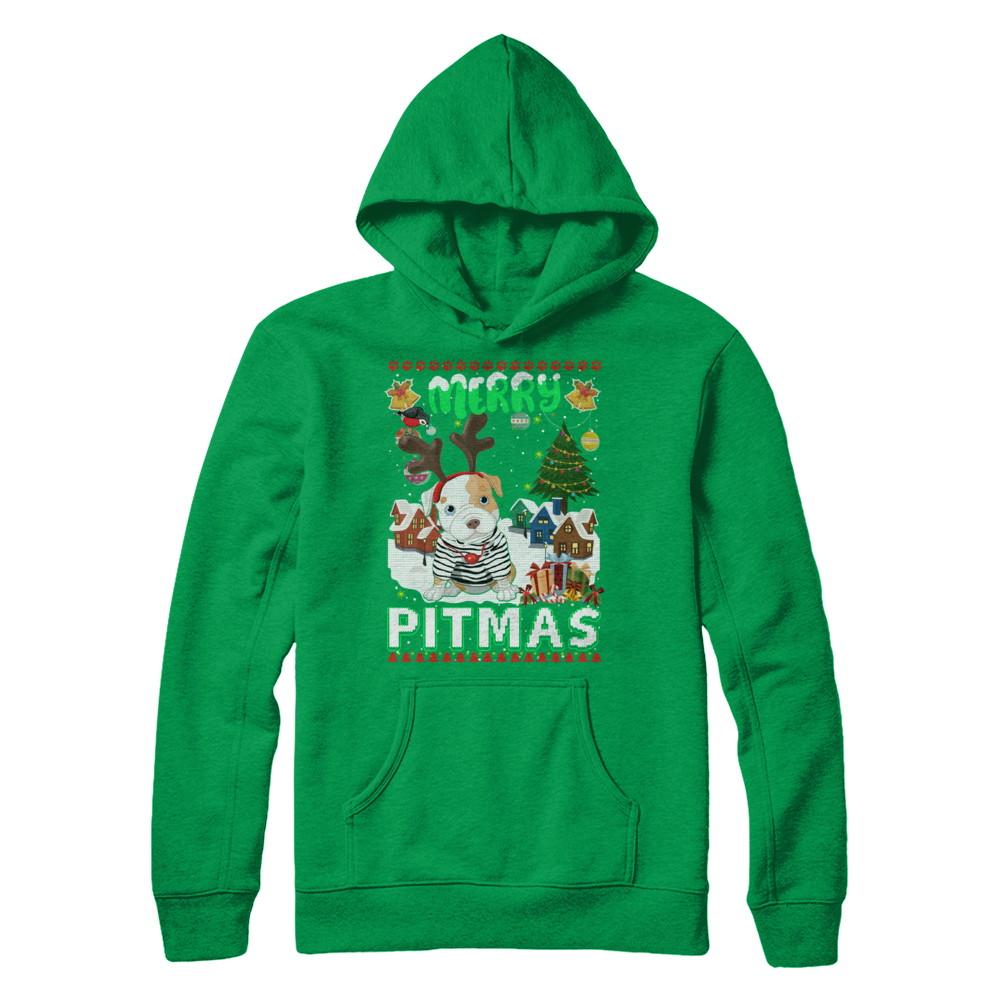 Cute Pitbull Christmas Merry Pigmas Ugly Sweater Christmas-T-Shirt & Sweatshirt-Pullover Hoodie-Irish Green