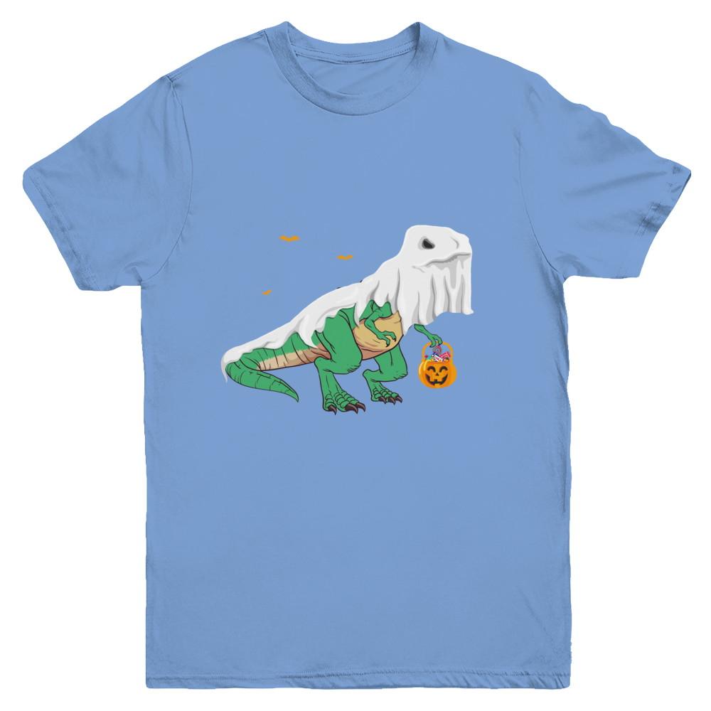 Halloween T Rex Dinosaur Ghost Trick Or Treat Youth-Youth Shirt-Youth T-Shirt-Carolina Blue