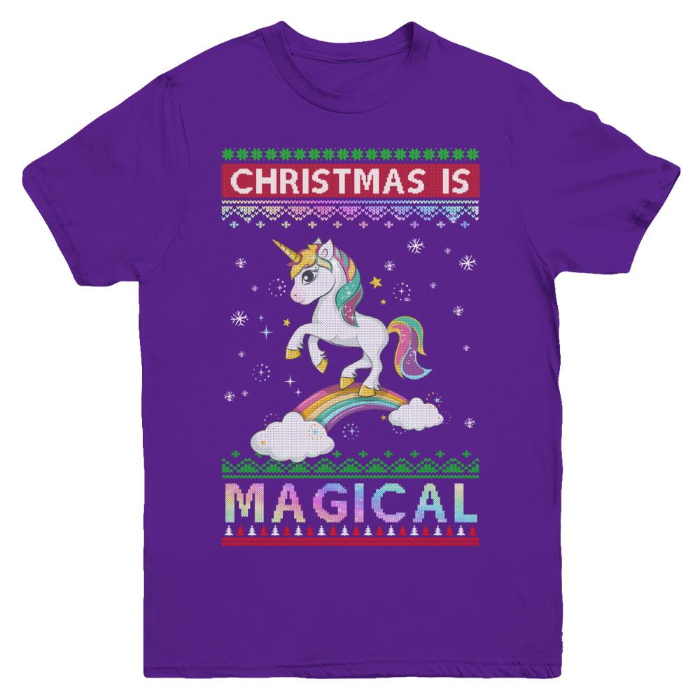 Christmas Is Magical Unicorn Ugly Christmas Sweater Youth-Youth Shirt-Youth T-Shirt-Purple