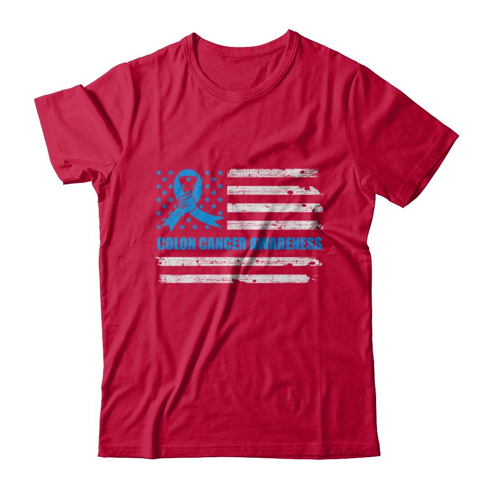 Blue Ribbon Colon Cancer Awareness US Flag-T-Shirt & Hoodie-Classic T-Shirt-Red