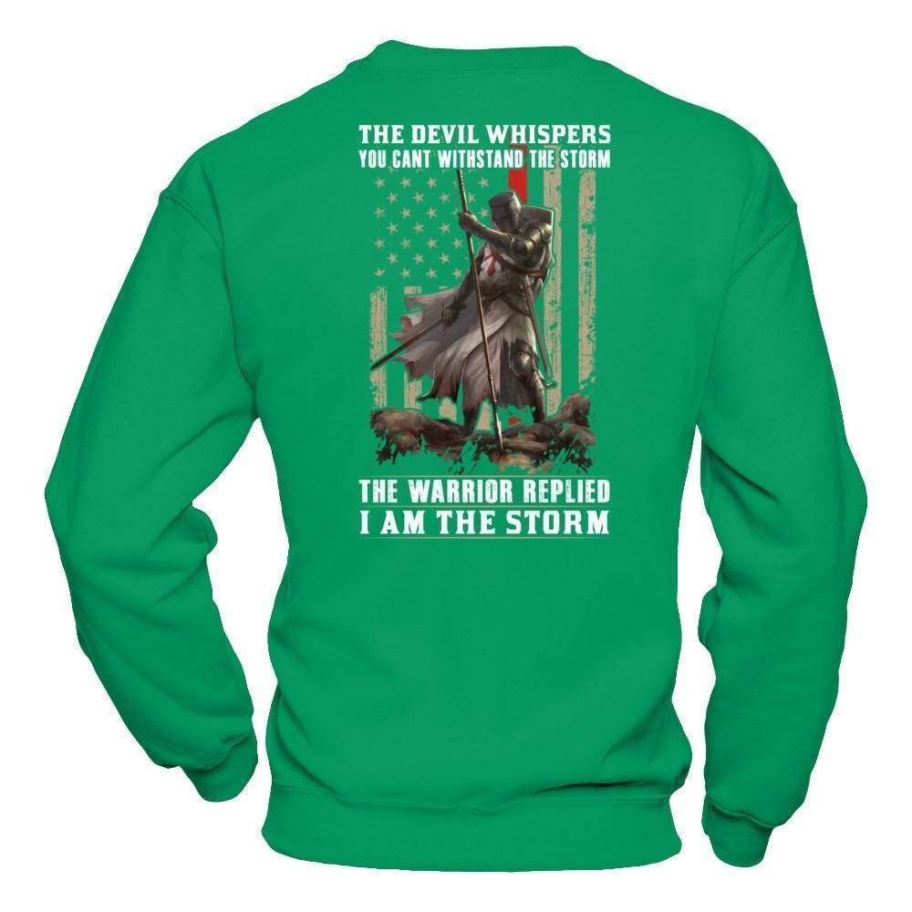 Knight Templar The Devil Whispers You Can't Withstand The Storm-T-Shirt & Hoodie-Crewneck Sweatshirt-Irish Green