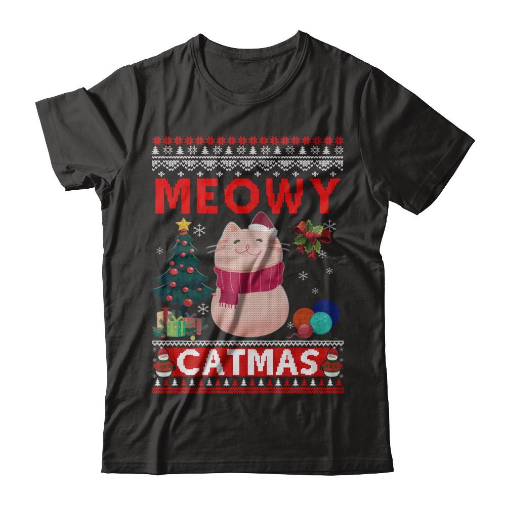 Meowy Catmas Ugly Sweater Cat Christmas-T-Shirt & Sweatshirt-Premium T-Shirt-Black