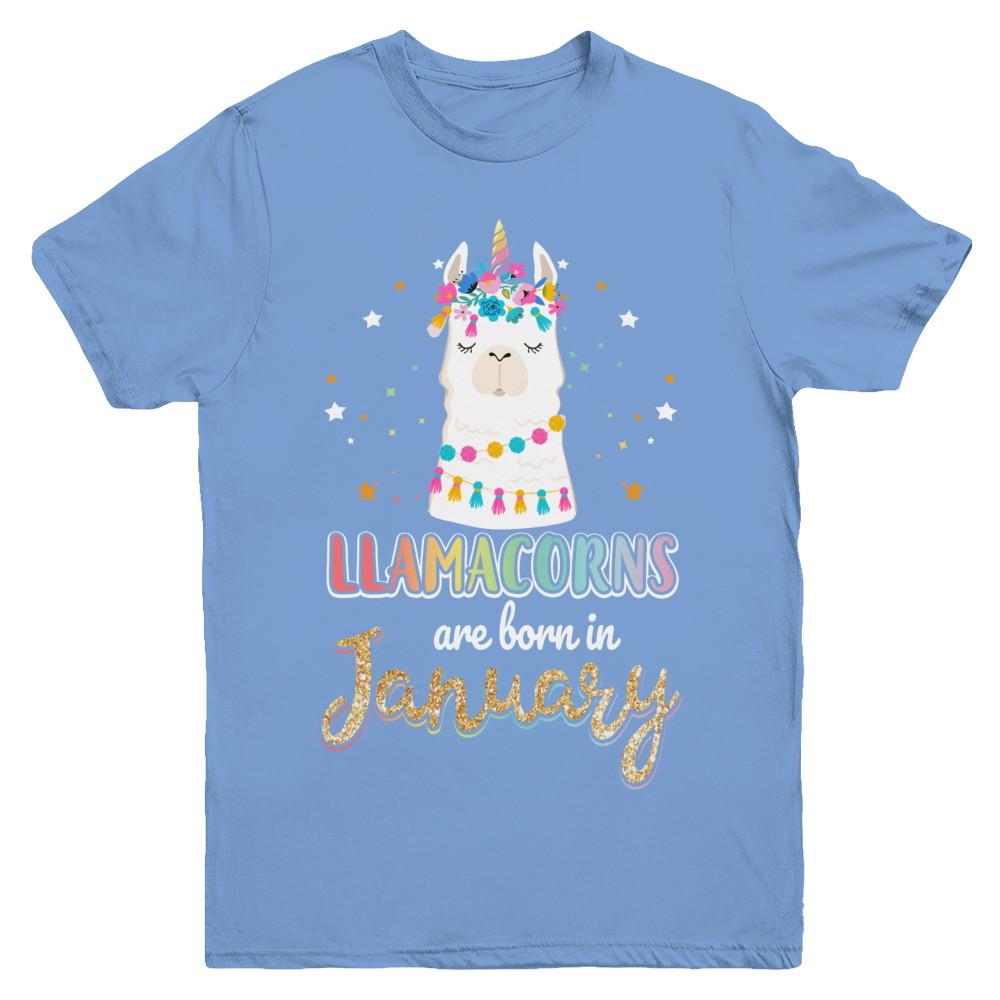 Llama Unicorn Llamacorns Born In January Birthday Gift Youth-Youth Shirt-Youth T-Shirt-Carolina Blue
