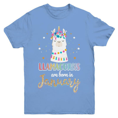 Llama Unicorn Llamacorns Born In January Birthday Gift Youth-Youth Shirt-Youth T-Shirt-Carolina Blue
