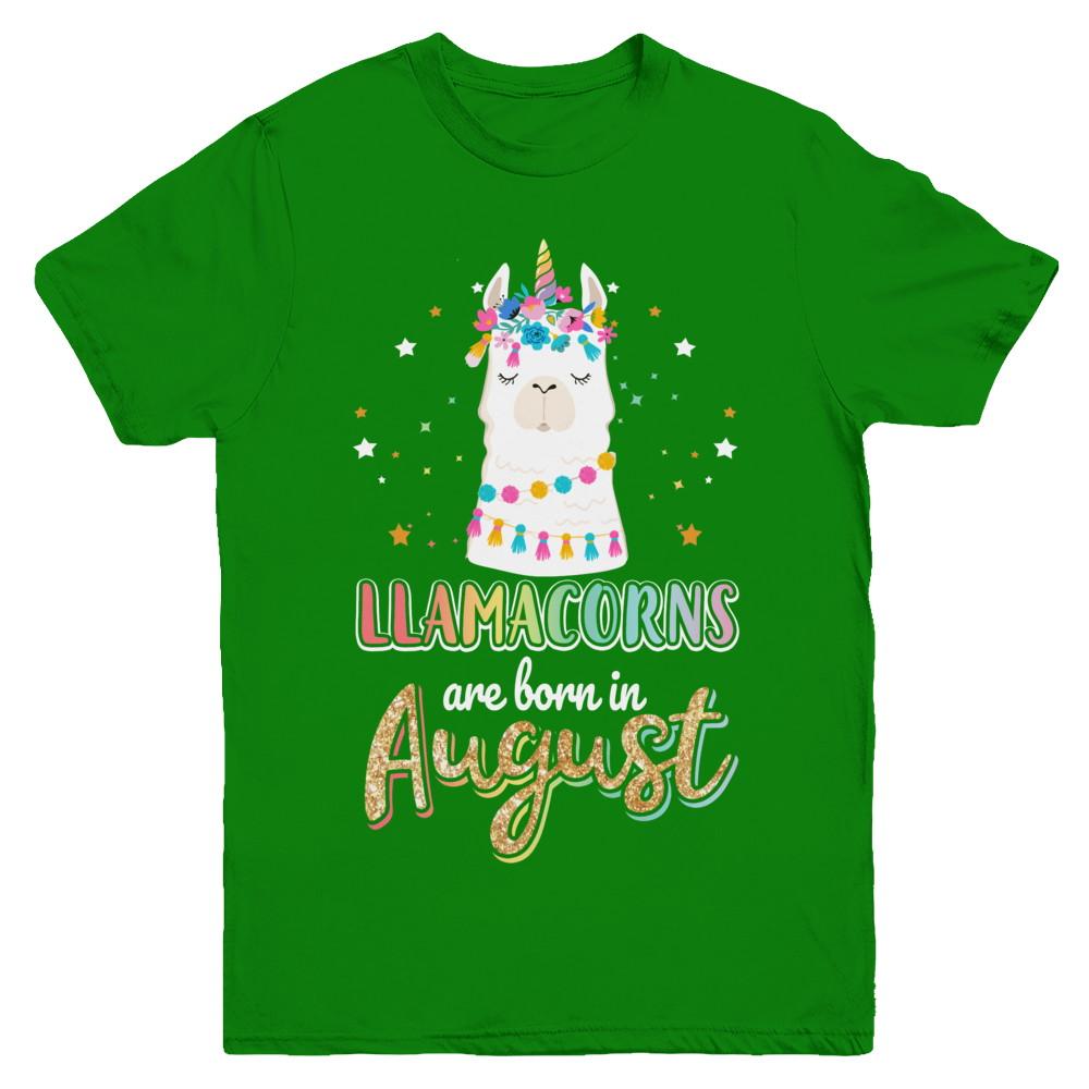 Llama Unicorn Llamacorns Born In August Birthday Gift Youth-Youth Shirt-Youth T-Shirt-Irish Green