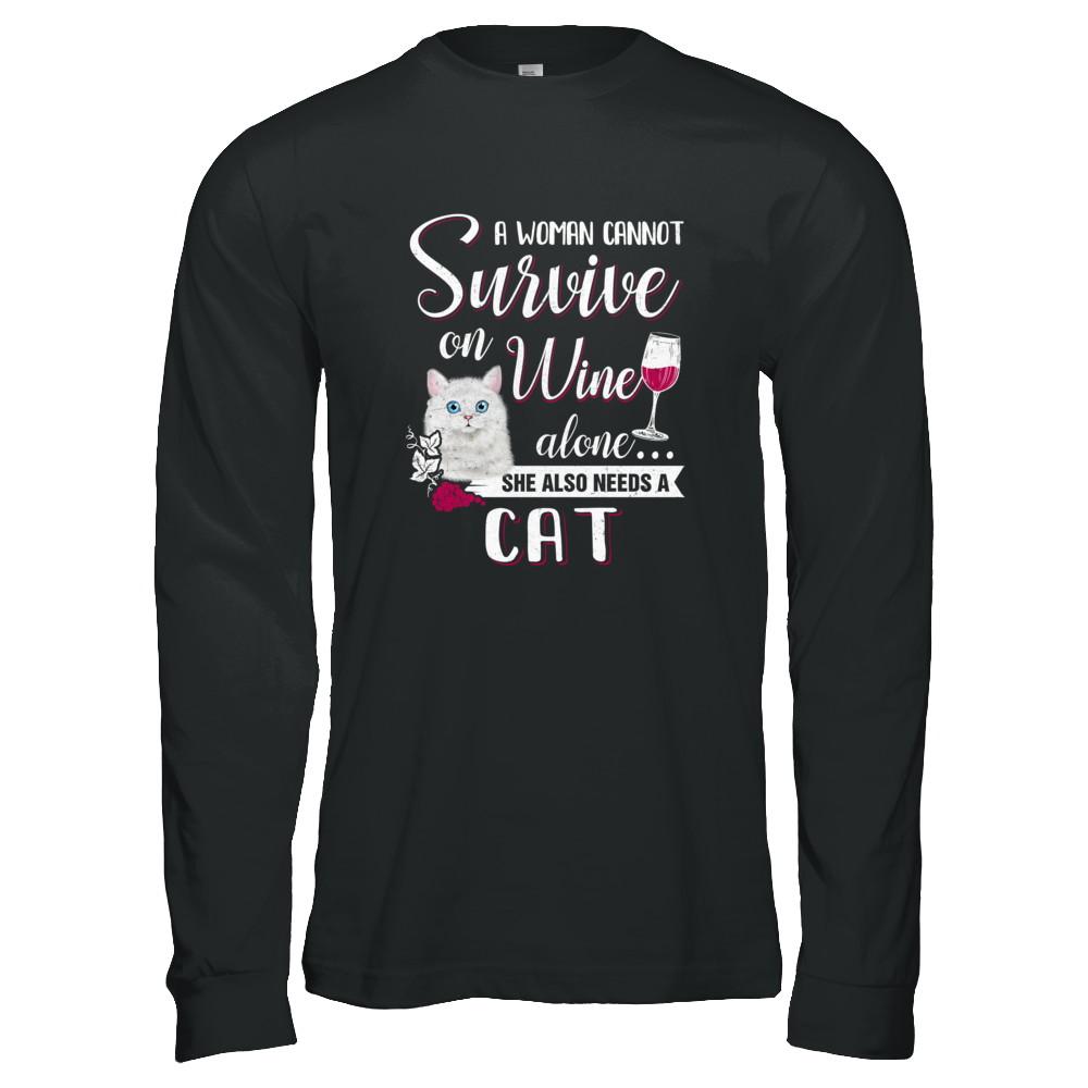 A Woman Can't Survive On Wine Alone Cat-T-Shirt & Tank Top-Long Sleeve T-Shirt-Black