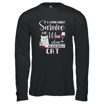 A Woman Can't Survive On Wine Alone Cat-T-Shirt & Tank Top-Long Sleeve T-Shirt-Black