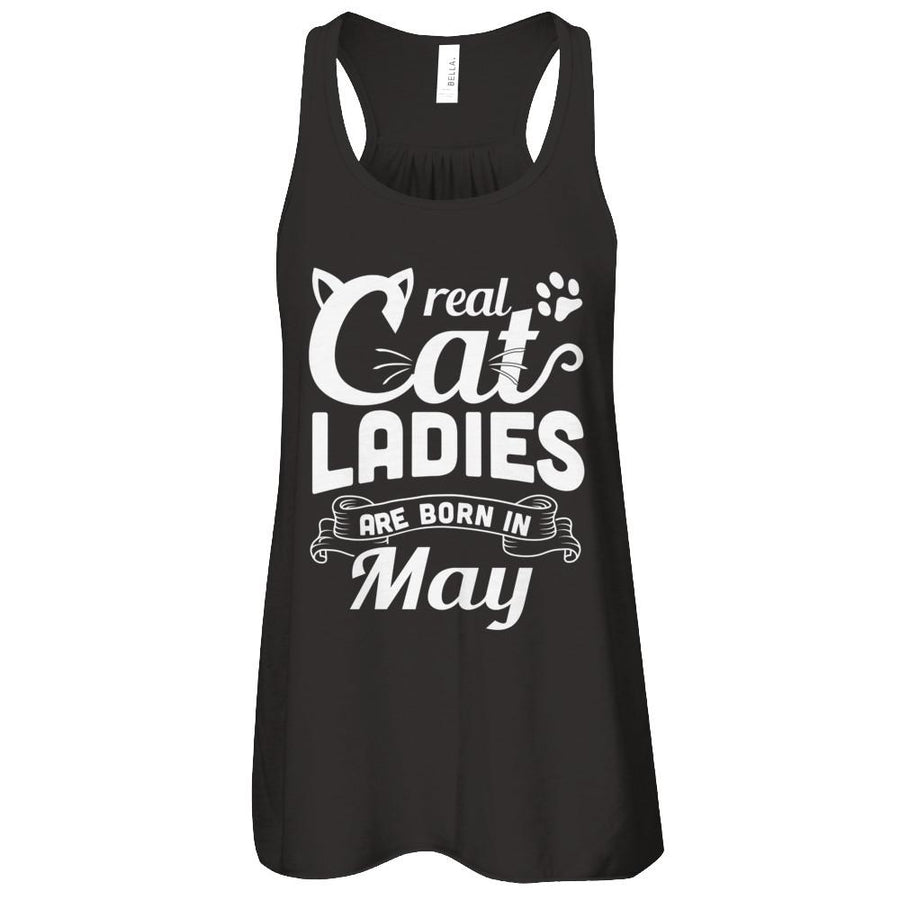 Real Cat Ladies Are Born In May Cat Day-T-Shirt & Tank Top-Women's Flowy Racerback Tank-Black