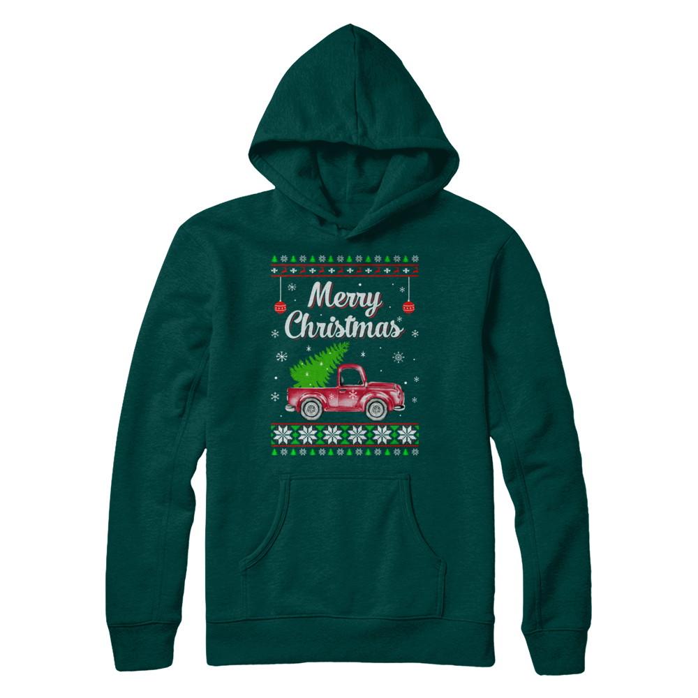 Snow Tree Truck Merry Christmas Ugly Sweater-T-Shirt & Sweatshirt-Pullover Hoodie-Deep Forest
