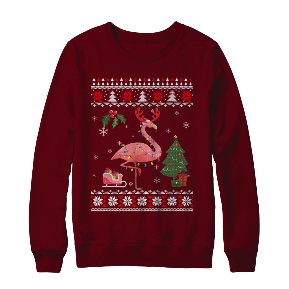 Santa Hat Flamingo Reindeer Ugly Christmas Sweater-T-Shirt & Sweatshirt-Crewneck Sweatshirt-Maroon
