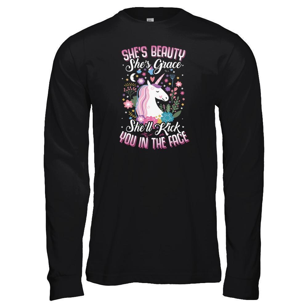 She's Beauty She's Grace She'll Kick You In The Face Unicorn Lover-T-Shirt & Tank Top-Long Sleeve T-Shirt-Black