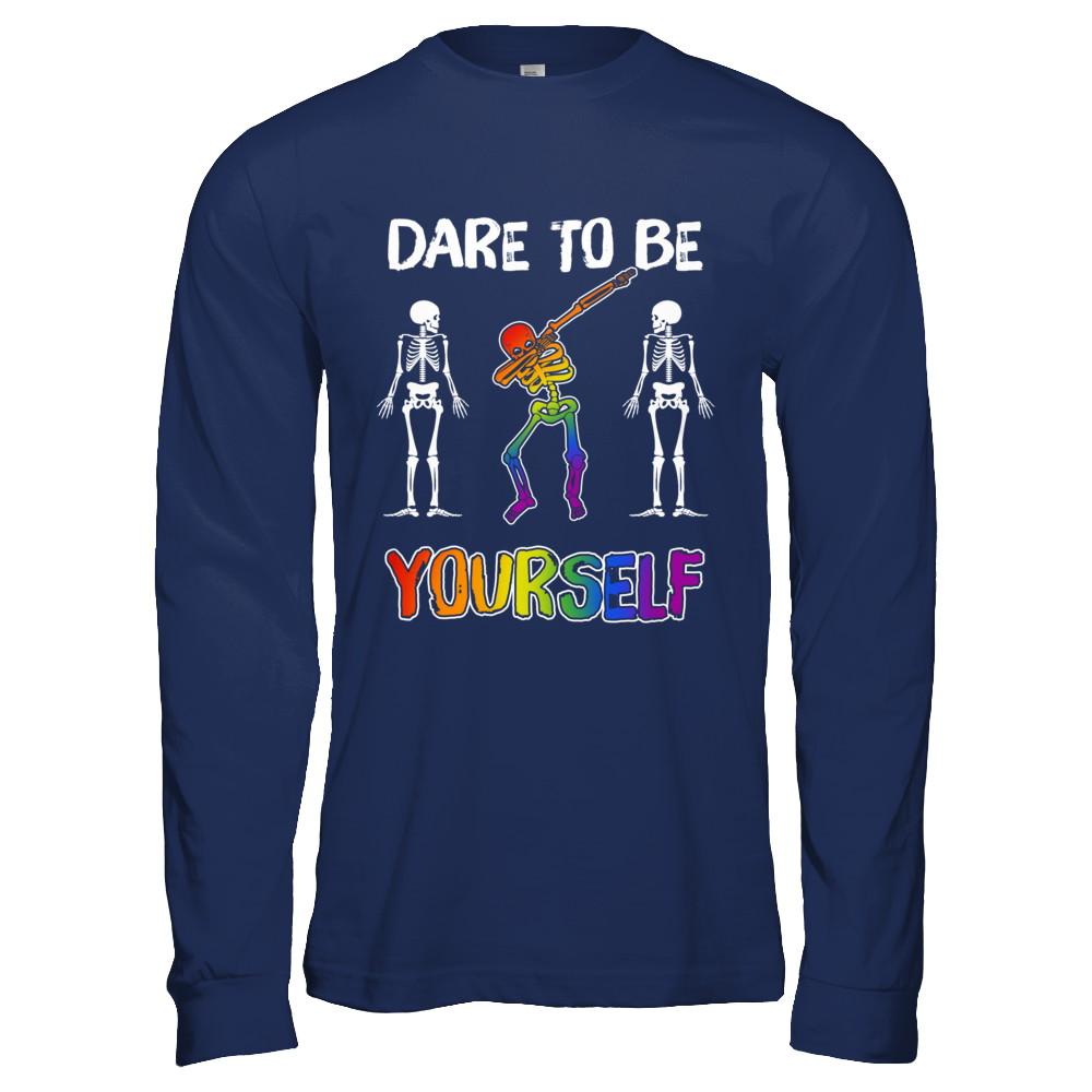 Dare To Be Yourself Funny Lgbt Skeleton-T-Shirt & Hoodie-Long Sleeve T-Shirt-Navy