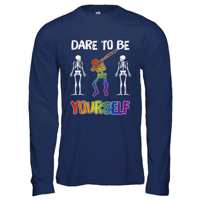 Dare To Be Yourself Funny Lgbt Skeleton-T-Shirt & Hoodie-Long Sleeve T-Shirt-Navy
