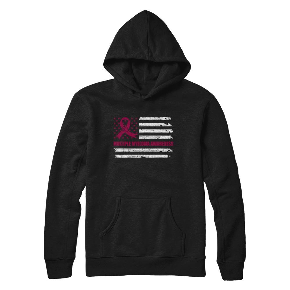 Burgundy Ribbon Multiple Myeloma Awareness US Flag-T-Shirt & Hoodie-Pullover Hoodie-Black