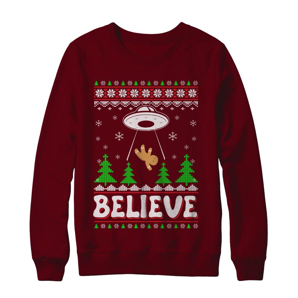 Believe UFO Gingerbread Ugly Christmas Sweater-T-Shirt & Sweatshirt-Crewneck Sweatshirt-Maroon